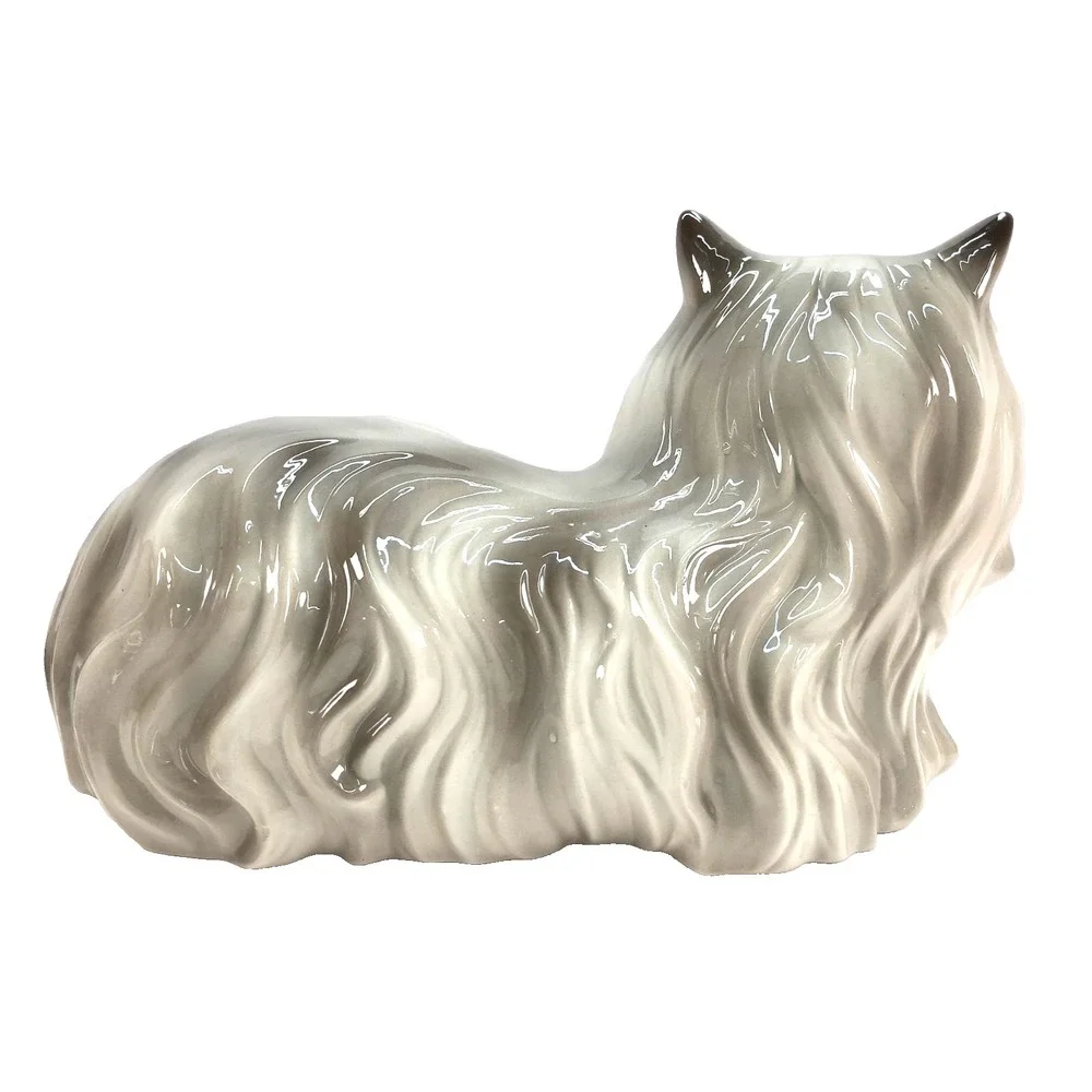 Vintage Large Ceramic Cat Grey Persian MCM Glossy Glaze Finish 17